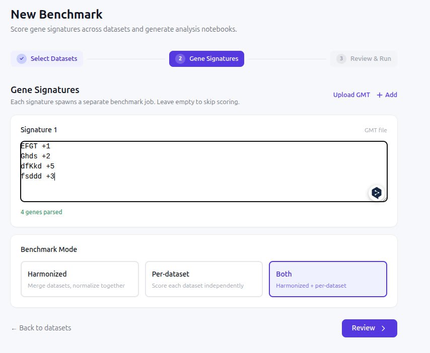 New Benchmark Score gene signatures across datasets and generate analysis notebooks. Select Datasets Gene Signatures Upload GMT Add Each signature spawns a separate benchmark job. Leave empty to skip 