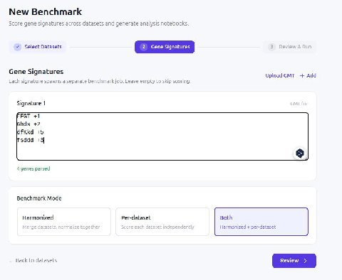 New Benchmark Score gene signatures across datasets and generate analysis notebooks. Select Datasets Gene Signatures Upload GMT Add Each signature spawns a separate benchmark job. Leave empty to skip 