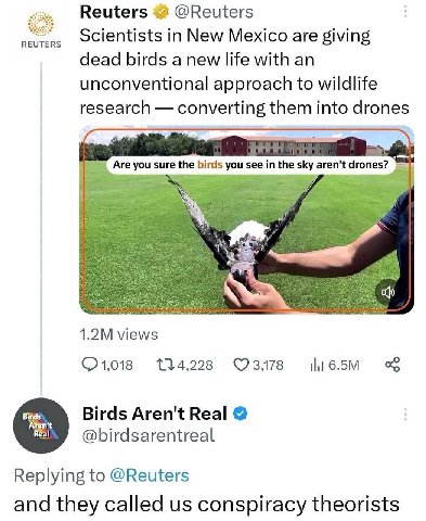 Reuters @Reuters ocientists in New Mexico are giving dead birds a new life with an unconventional approach to wildlife research converting them into drones or views 134,228 Birds Aren't Real Replying 
