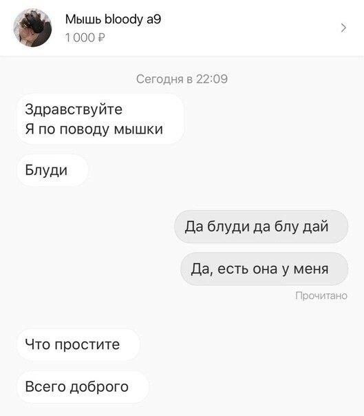 Мышь bloody а9 1000 Сегодня в 22:09 Здравствуйте Я по поводу мышки Блуди Да блуди да блу дай Да, есть она у меня Что простите Всего доброго