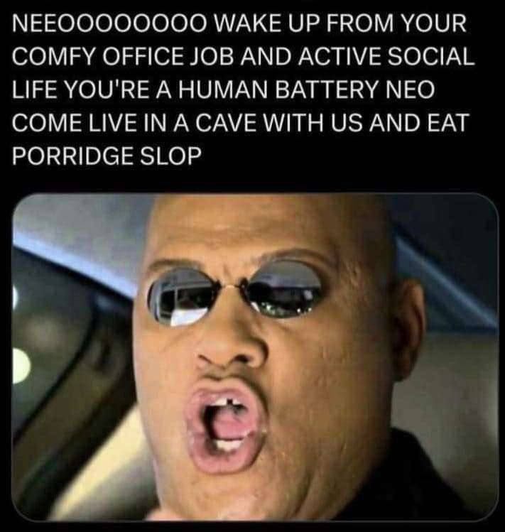 МЕЕОООООООО WAKE UP FROM YOUR COMFY OFFICE JOB AND ACTIVE SOCIAL LIFE YOU'RE A HUMAN BATTERY NEO COME LIVE IN A CAVE WITH AND EAT PORRIDGE SLOP с