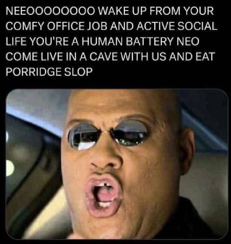 МЕЕОООООООО WAKE UP FROM YOUR COMFY OFFICE JOB AND ACTIVE SOCIAL LIFE YOU'RE A HUMAN BATTERY NEO COME LIVE IN A CAVE WITH AND EAT PORRIDGE SLOP с