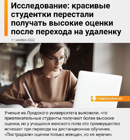 Исследование: красивые студентки перестали получать высокие оценки после перехода на удаленку 11 ноября 2022 Ученые из Лундского университета выяснили, что привлекательные студенты получают более высо