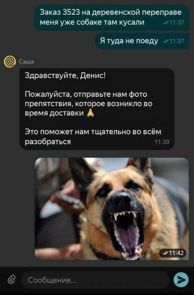 Заказ 3523 на деревенской переправе меня уже собаке там кусали #11:37 Я туда не поеду Саша Здравствуйте, Денис! Пожалуйста, отправьте нам фото препятствия, которое возникло во время доставки А Это пом