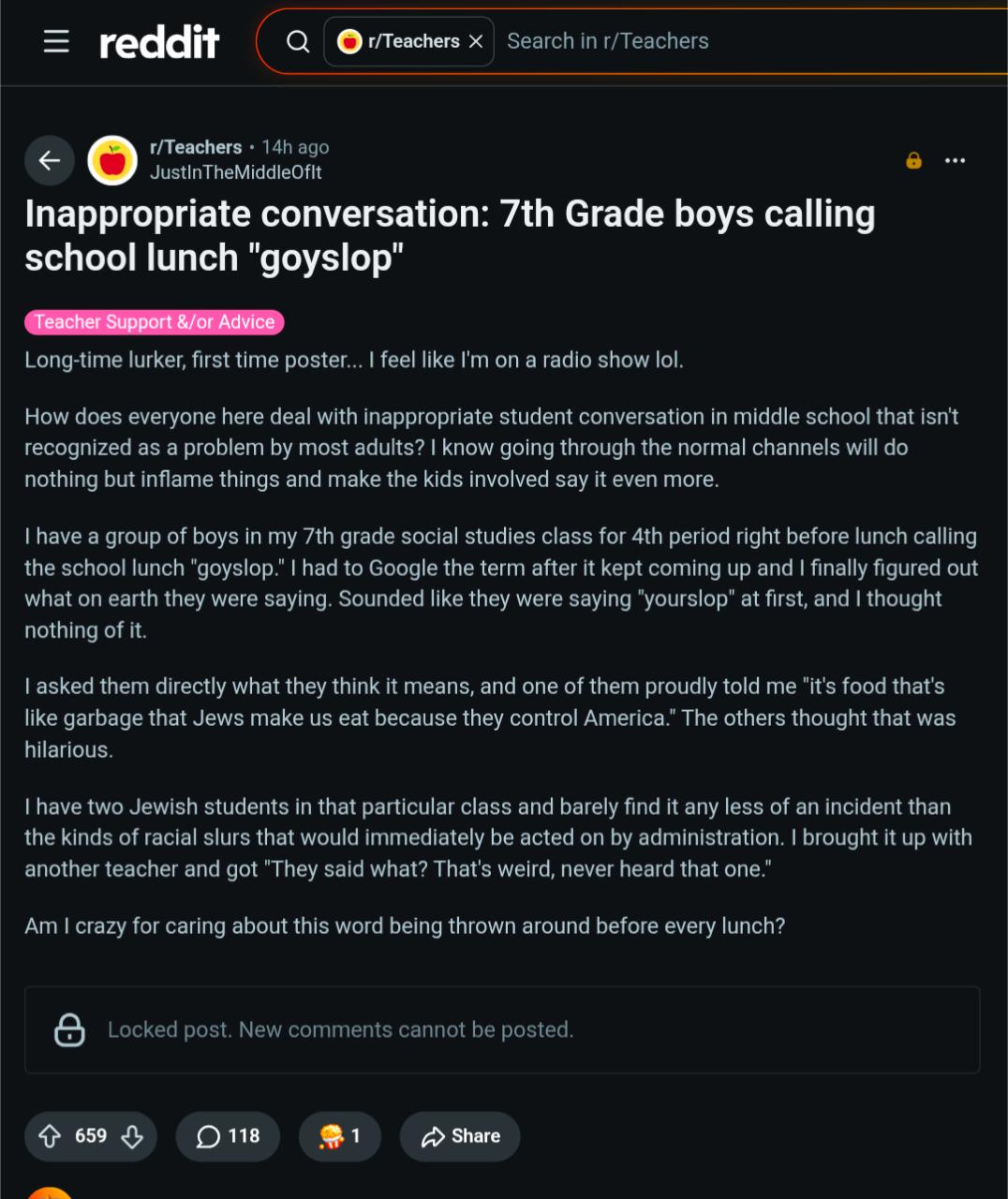 reddit О о Inappropriate conversation: Grade boys calling и school lunch "goyslop Teacher Support &/or Advice poster. lol does everyone here deal with Inappropriate student conversation in middle scho