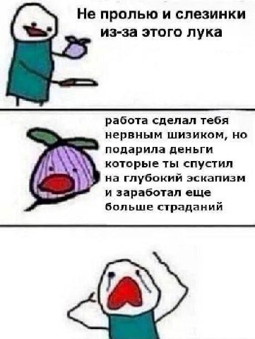 Не пролью и слезинки из-за этого лука работа сделал тебя нервным шизиком, но подарила деньги которые ты спустил на глубокий эскапизм и заработал еще больше страданий