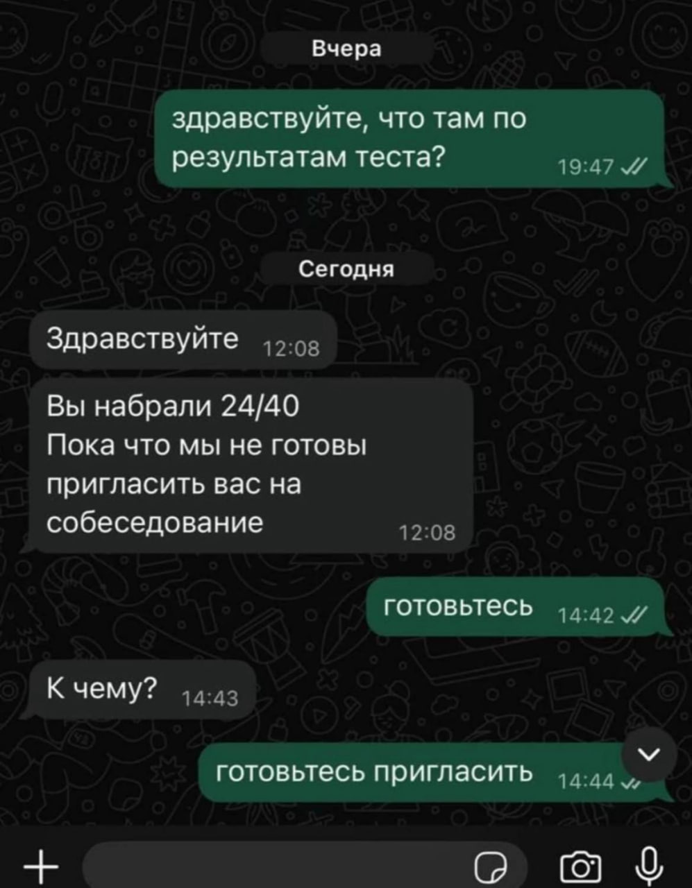 Вчера здравствуйте, что там по результатам теста? Сегодня Здравствуйте Вы набрали 24/40 Пока что мы не готовы пригласить вас на собеседование готовьтесь К чему? готовьтесь пригласить