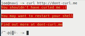 joe@navi curl http://dont-curl.me You shouldn't have curted me You may want to restart your shell Find out more at dont-curl.me