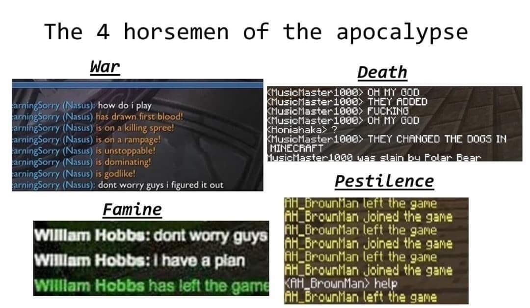 The 4 horsemen of the apocalypse War Death ОН MY GOD how i play THEY ADDED ОН MY GOD FUCKING Honiahaka> THEY CHANGED THE 0065 IN Pestilence dont worry guys i figured it out i lef he заме Famzune Joine