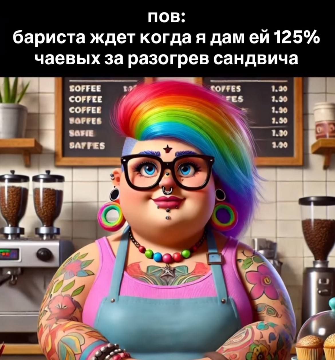 пов: бариста ждет когда я дам 125% чаевых за разогрев сандвича corres 1.30 1.90 1.90 ВОРРЕВ 1.0 1.30 у. AS