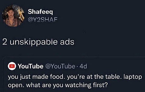 Shafeeq 2 unskippabie ads С) YouTube you just made food. you're at the table. laptop open. what are you watching first?
