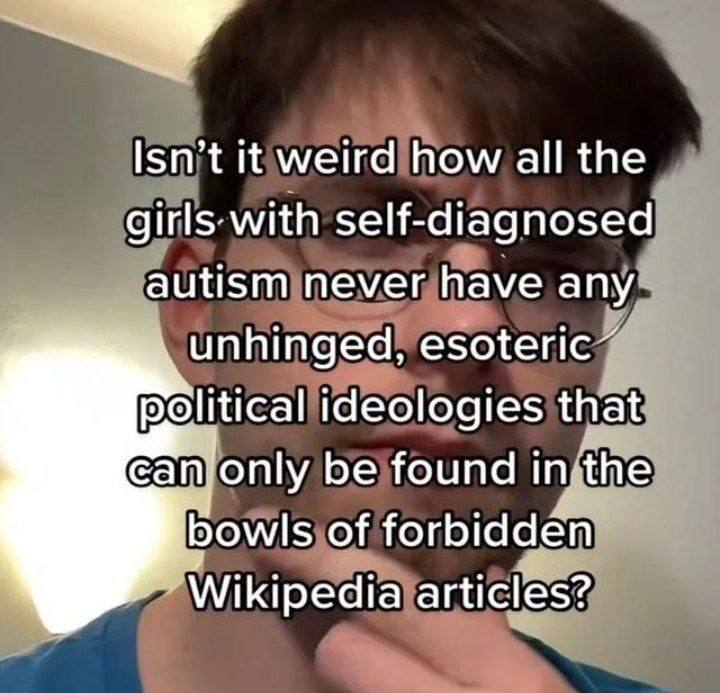 Isn’t К weird how all the girls with self-diagnosed autism never have any unhinged, esoteric political ideologies that сатоту be found inthe bowls of forbidden’ Wikipedia articles?