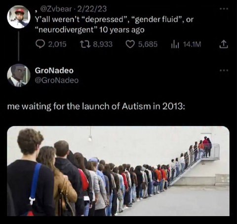 2/22/23 Y’all weren’t “depressed”, “gender fluid”, or “neurodivergent” 10 years ago о 01 14.11 A) GroNadeo GroNadeo me waiting for the launch of Autism in 2013: Yan 1 a