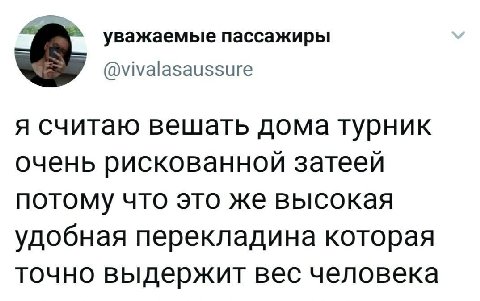 уважаемые пассажиры @vivalasaussure я считаю вешать дома турник очень рискованной затеей потому что это же высокая удобная перекладина которая точно выдержит вес человека