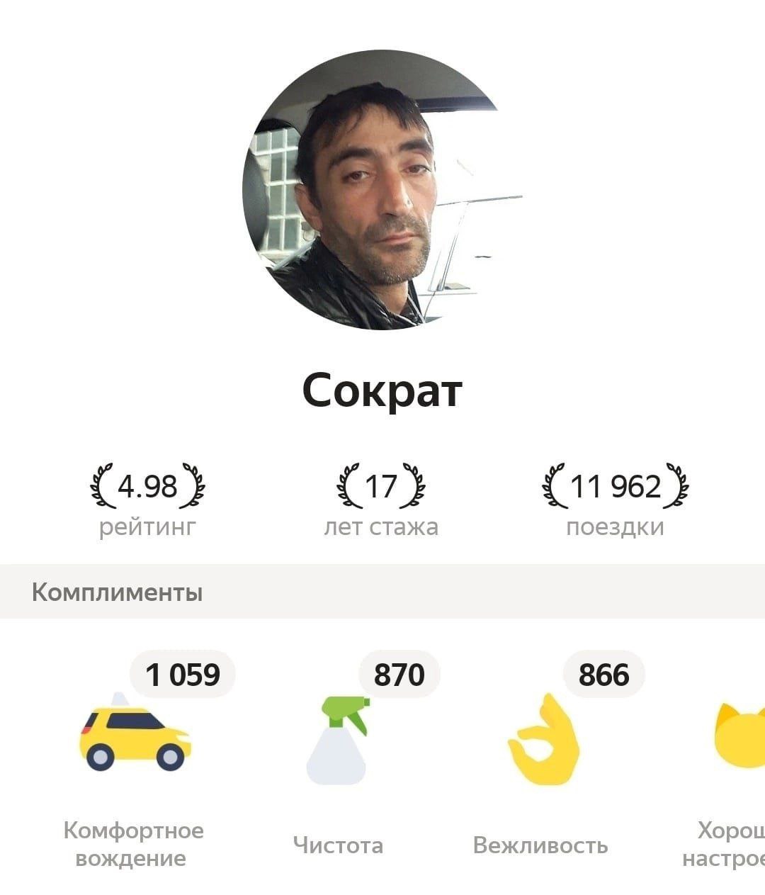 Сократ {4.98} {17 {11 962} рейтинг лет стажа поездки Комплименты 1 059 866 _870 Комфортное Чистота Вежливость Xopou вождение