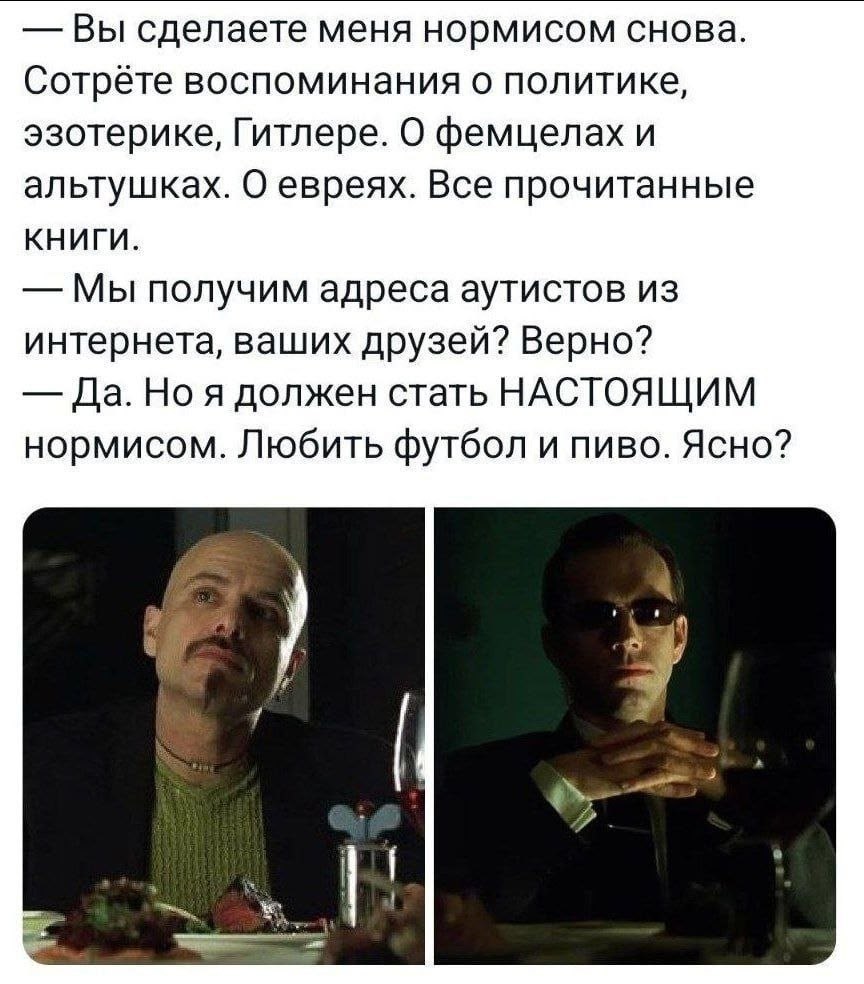 Вы сделаете меня нормисом снова. воспоминания о политике, эзотерике, Гитлере. О фемцелах и альтушках. О евреях. Все прочитанные КНИГИ. Мы получим адреса аутистов из интернета, ваших друзей? Верно? Да.
