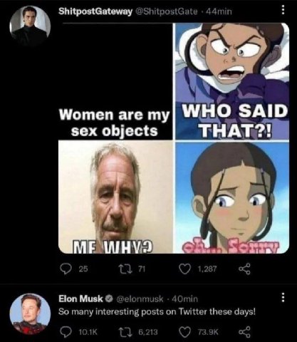 ShitpostGateway @ShitpostGate 44mir Women are my WHO SAID sex objects THAT?! 7 ME Elon Musk @elonmusk 40min So many interesting posts on Twitter these days! 116283 зэк