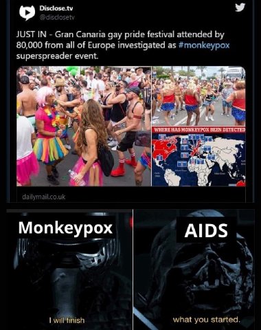 JUST IN Gran Canaria gay pride festival attended 80,000 from all of Europe investigated as #monkeypox superspreader event. у pom 1 HAS MONKEYPOX BEEN DETECTED wit fis 4| Monkeypox AIDS what you starte