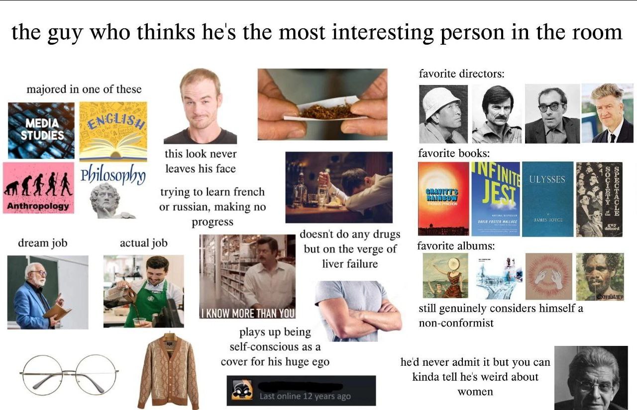 1 a the guy who thinks hes the most interesting person in the room favorite directors: majored in one of these 3 MEDIA. STUDIES. look never favorite books: leaves his face 2 trying to learn french Ant