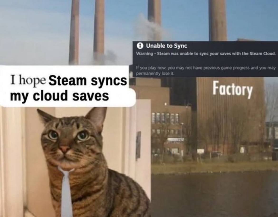 (3) Unable to Sync Warning Steam was unable to sync your saves with the Steam Cloud I hope Steam syncs my cloud saves