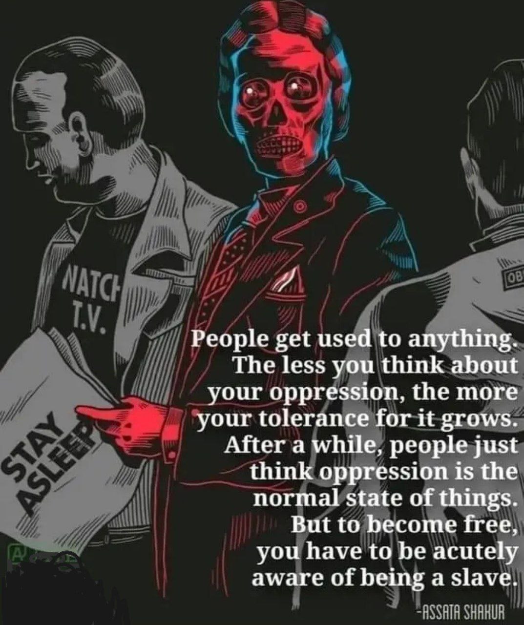 People get used to anything. The less you think about your oppression, the more your tolerance for it grows. After a while, people just think oppression is the normal state of things. But to become fr