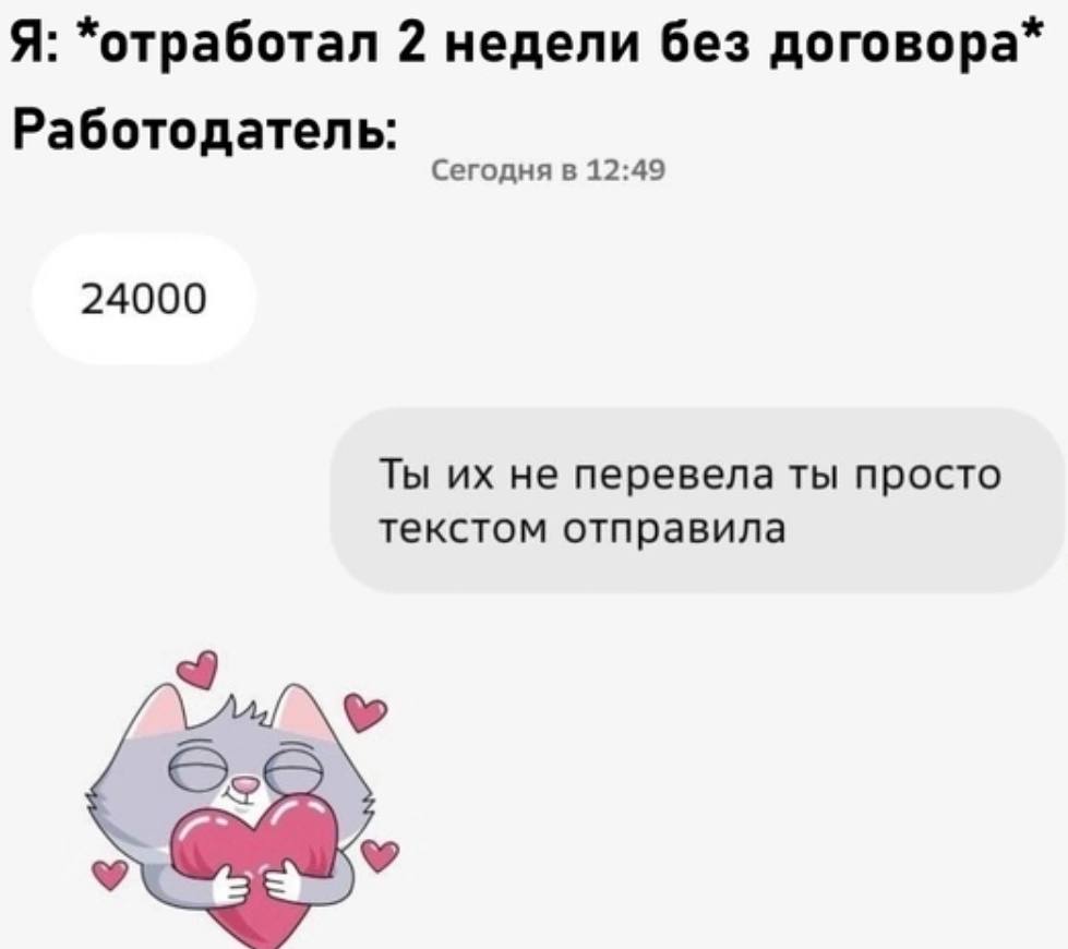 Я: *отработал 2 недели без договора* Работодатель: Сегодня в 12:49 24000 Ты не перевела ты просто текстом отправила