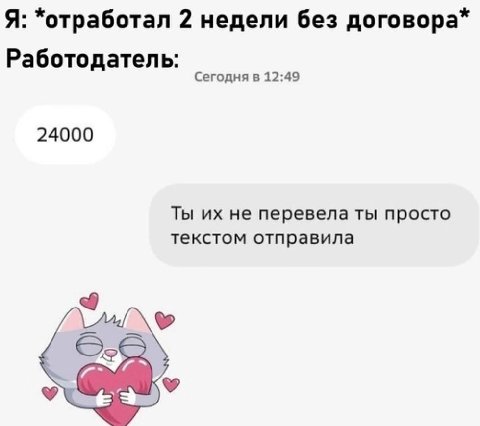 Я: *отработал 2 недели без договора* Работодатель: Сегодня в 12:49 24000 Ты не перевела ты просто текстом отправила