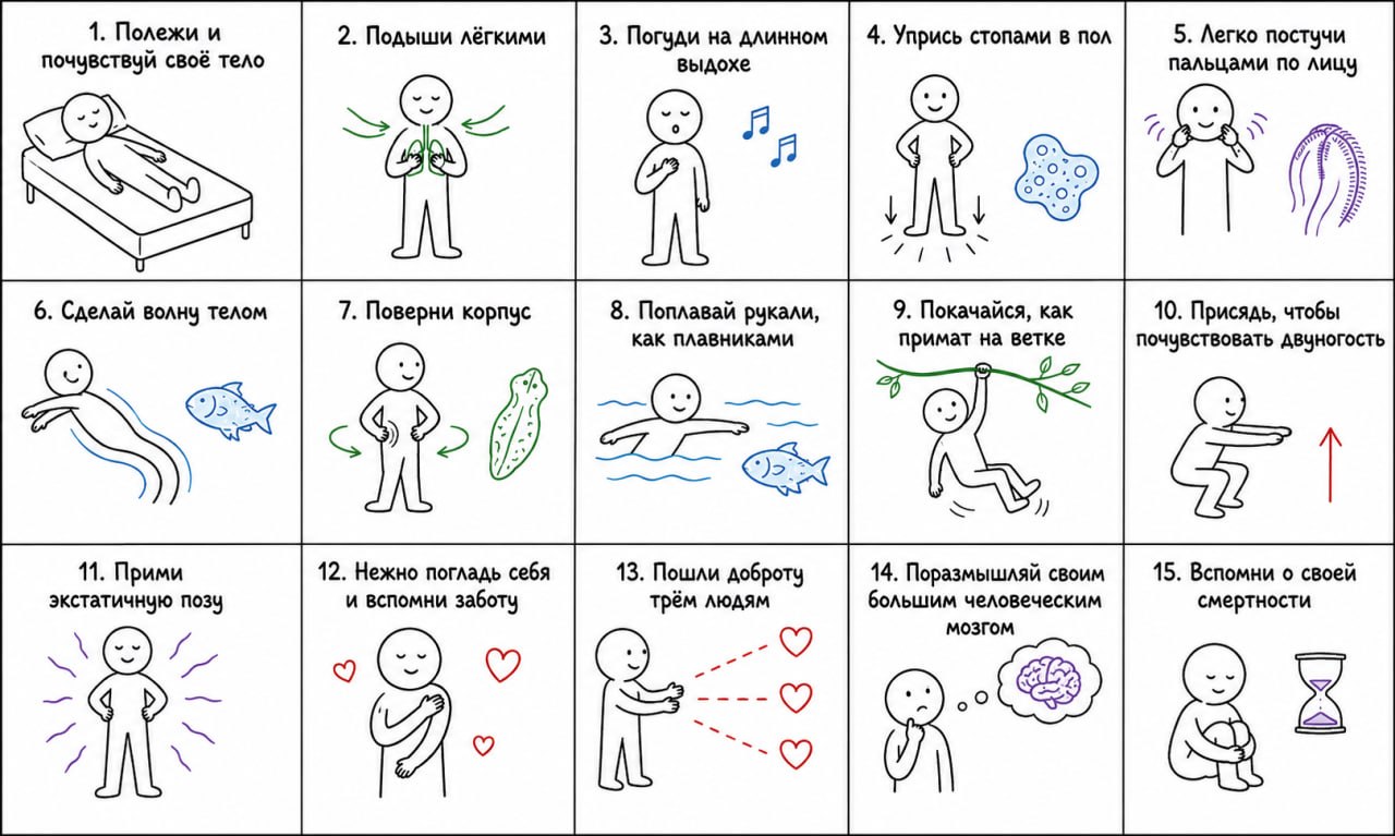 1. Полежи и 2. Подыши лёгкими 3. Погуди на длинном 4. Упрись стопами в пол 5. Легко постучи почувствуй своё тело выдохе пальцами по лицу 49) A о, 55 7 6. Сделай волну телом 7. Поверни корпус 8. Поплав