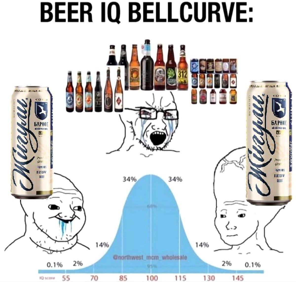 BEER 10 BELLCURVE: a 7 34% 34% 14% 14% 0.1% 2% 2% 55 70 85 100 115 130 145