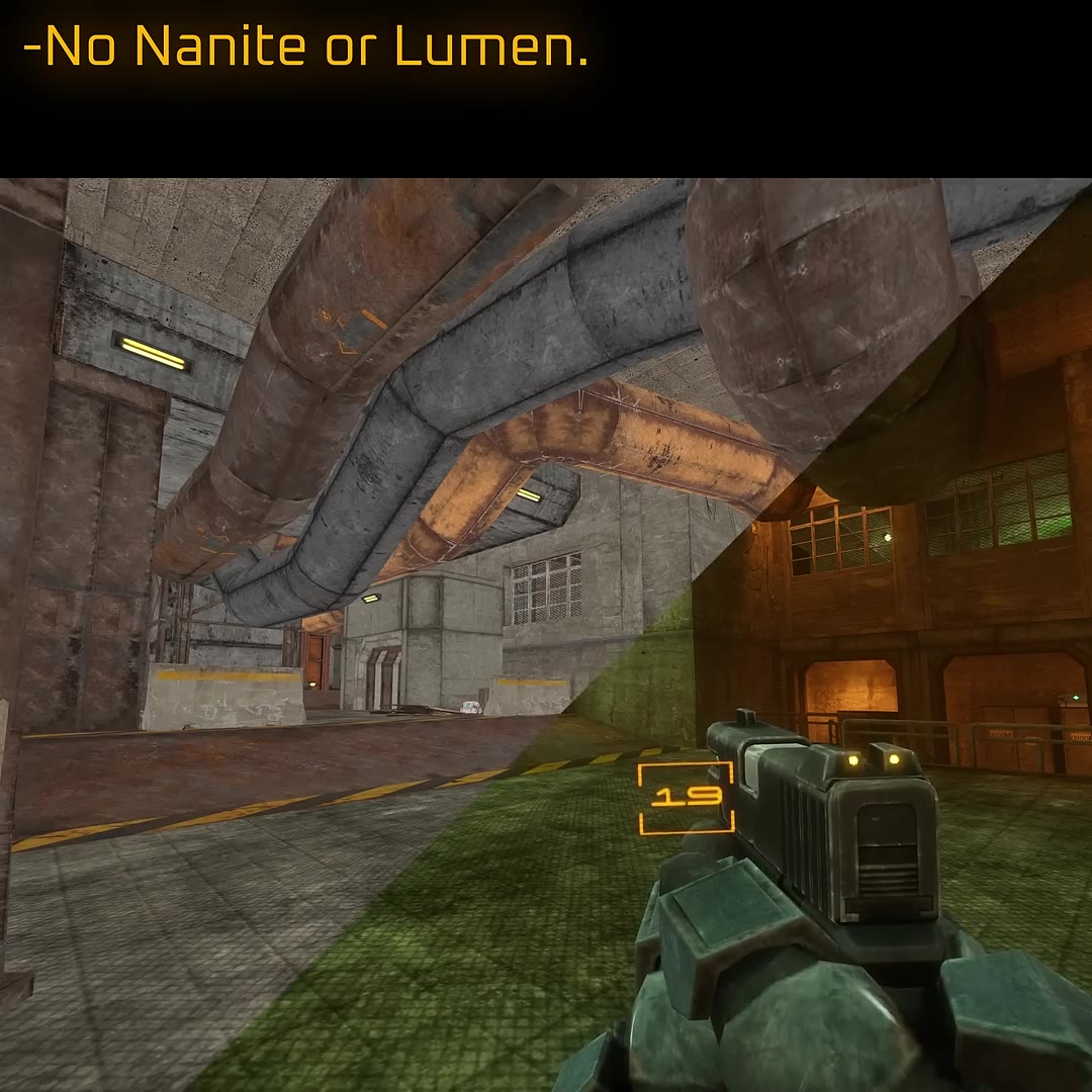 -Мо Nanite ог Lumen. -MSAA and no temporal effects. -Each Frame rendered from scratch. -Materials emulate old school shading. -Focus on performance.