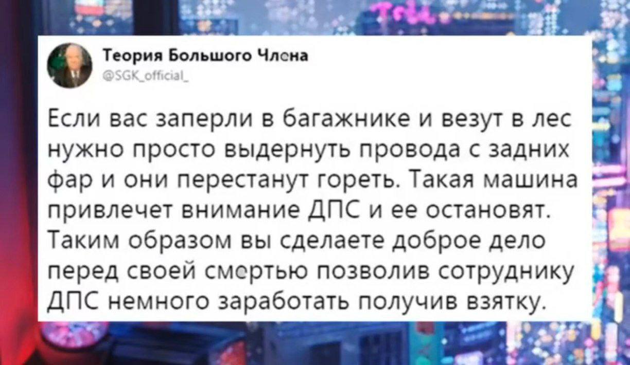 Теория Б Большого Члсна Если вас заперли в багажнике и везут в лес нужно просто выдернуть провода с задних фар и они перестанут гореть. Такая машина привлечет внимание ДПС и ее остановят Таким образом