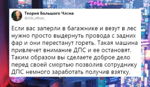 Теория Б Большого Члсна Если вас заперли в багажнике и везут в лес нужно просто выдернуть провода с задних фар и они перестанут гореть. Такая машина привлечет внимание ДПС и ее остановят Таким образом