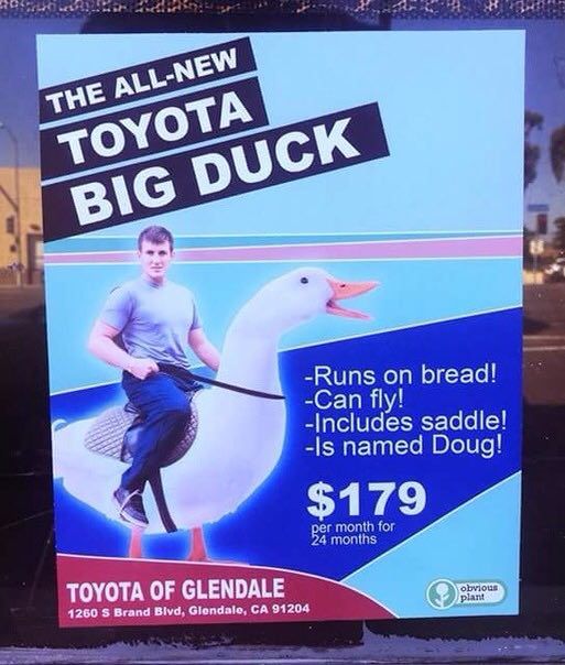THE BIG С -Runs on bread! -Can fly! -Includes saddle! named Doug! 179 TOYOTA OF GLEN DAL obvious 1260 Brand Glendale, 91204