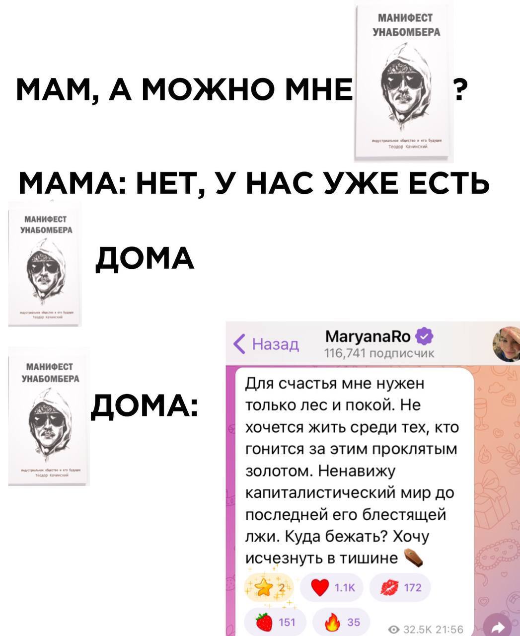 МАНИФЕСТ УНАБОМБЕРА МАМ, А МОЖНО МНЕ МАМА: НЕТ, У НАС УЖЕ ЕСТЬ МАНИФЕСТ УНАБОМБЕРА ДОМА назад 116,741 подписчик MaryanaRo МАНИФЕСТ УНАБОМБЕРА Для счастья мне нужен только лес и покой. Не хочется жить 