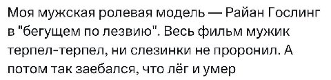 Моя мужская ролевая модель Гослинг в "бегущем по лезвию". Весь фильм мужик терпел-терпел, ни слезинки не проронил. А потом так заебался, что лёг и умер