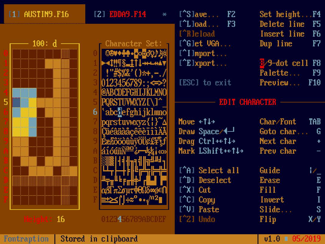 [2] EDDAD.F14 Slave set height Lioad Delete line Rleload Insert line Dup line 3/9-40% cell Palette 0123456789 [ESC] to exit Preview EDIT CHARACTER jklmne parstuvexyz{ Move Char/Font TAB саааасеее111. 
