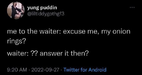yung puddin @liltiddygothgf3 me to the waiter: excuse me, my onion rings? waiter: answer it then? 9:20 2022-09-27 Twitter for Android