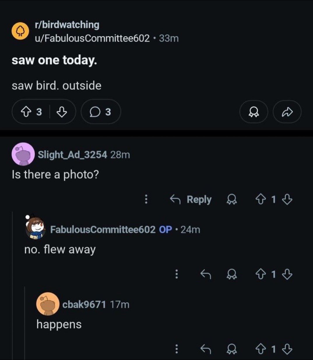 t/birdwatching u/FabulousCommittee602 saw one today. saw bird. outside A Slight_Ad_3254 Is there a photo? Reply Я FabulousCommittee602 no. flew away cbak9671 happens Я