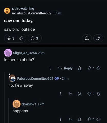 t/birdwatching u/FabulousCommittee602 saw one today. saw bird. outside A Slight_Ad_3254 Is there a photo? Reply Я FabulousCommittee602 no. flew away cbak9671 happens Я