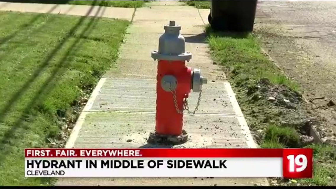 ake bbe 7. и FIRST. FAIR. EVERYWHERE. HYDRANT IN MIDDLE OF SIDEWALK 19 CLEVELAND