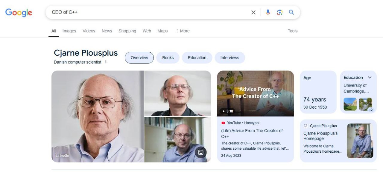 CEO of А! Images Videos News Shopping Maps More Tools Cjarne Plousplus Books Education Interviews Danish computer Age Education University of А. a “Advice Cambridge... 4 The Creator of 5 74 years 30 D
