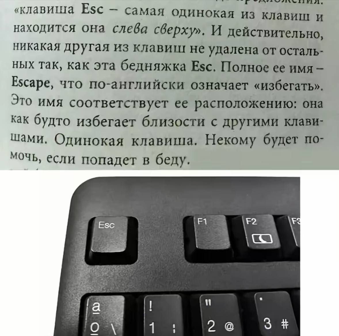 Ese самая одинокая из клавиш и находится она слева сверху». И действительно, никакая другая из клавиши не удалена от осталь- ных так, как эта бедняжка Esc, Полное ее имя Escape, что по-английски означ
