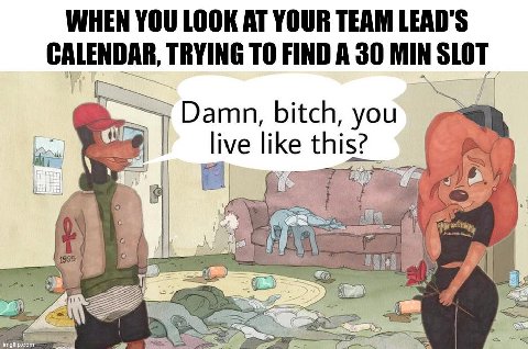 WHEN YOU LOOK AT YOUR TEAM LEAD'S CALENDAR, TRYING ТО FIND A 30 MIN SLOT a Damn, bitch, you an live like this? 2 К с of 5 #4 27 <4 а