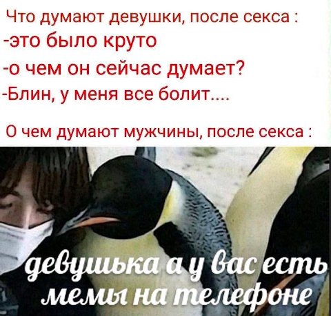 Что думают девушки, после секса: -это было круто -0 чем он сейчас думает? -Блин, у меня все болит.... О чем думают мужчины, после секса: басесть One
