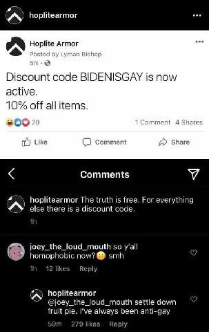 hoplitearmor Hoplite Armor Posted Lyman Bishop Discount code BIDENISGAY is now active. 10% off all items. #002 1 Comment 4 Shares Like Comment a Share Comments У hoplitearmor The truth is free. For ev