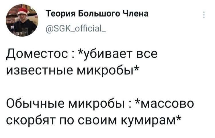 Теория Большого Члена @SGk_official_ Доместос *убивает все известные микробы* Обычные микробы *массово скорбят по своим кумирам*