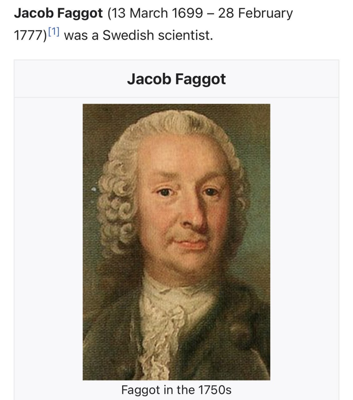 Jacob Faggot (13 March 1699 28 February was a Swedish scientist. Jacob Faggot Faggot in the