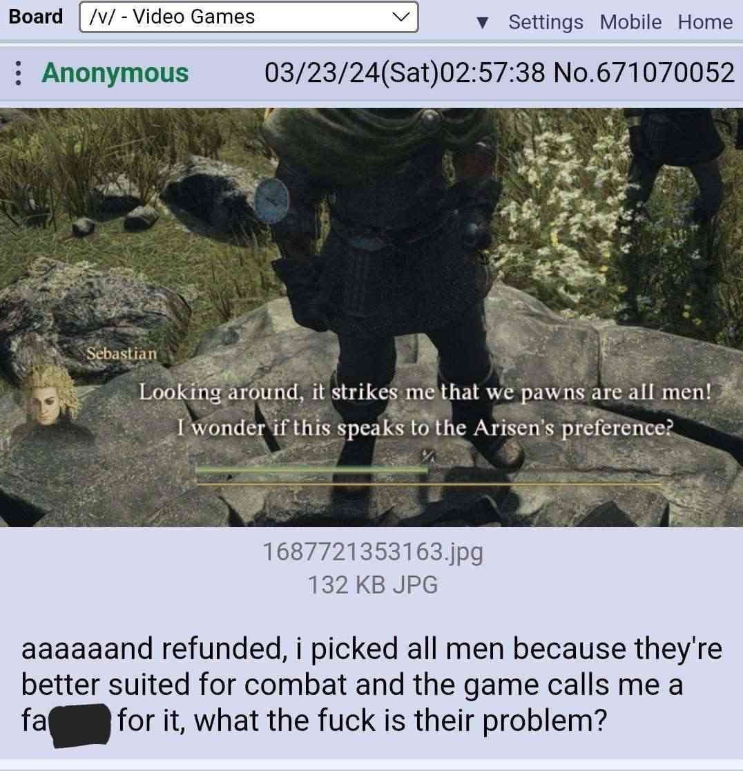 Воага Video Games у Settings Mobile Home Anonymous 03/23/24(Sat)02:57:38 No.671070052 are, я astia an Looking, around, it strikes methat we are all men! 5 it a wonder “if this speaks to preference: 16