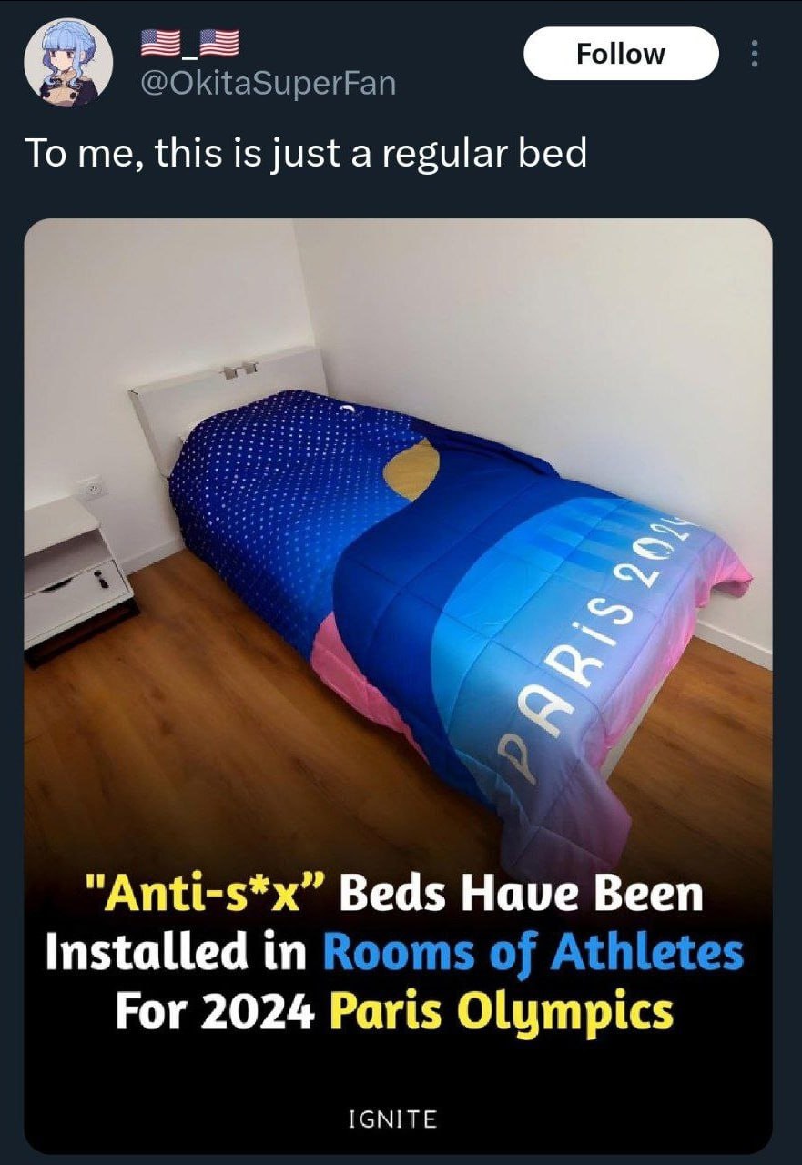 @OkitaSuperFan To me, this is just a regular bed "Anti-s*x” Beds Have Been Installed in Rooms of Athletes For 2024 Paris Olympics IGNITE