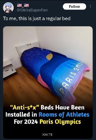 @OkitaSuperFan To me, this is just a regular bed "Anti-s*x” Beds Have Been Installed in Rooms of Athletes For 2024 Paris Olympics IGNITE